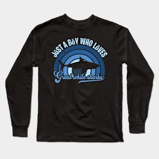 Funy Quote Just A Boy Who Loves great white sharks Blue 80s Retro Vintage Sunset Gift IdeA for boys Long Sleeve T-Shirt